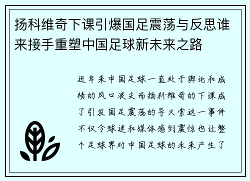 扬科维奇下课引爆国足震荡与反思谁来接手重塑中国足球新未来之路